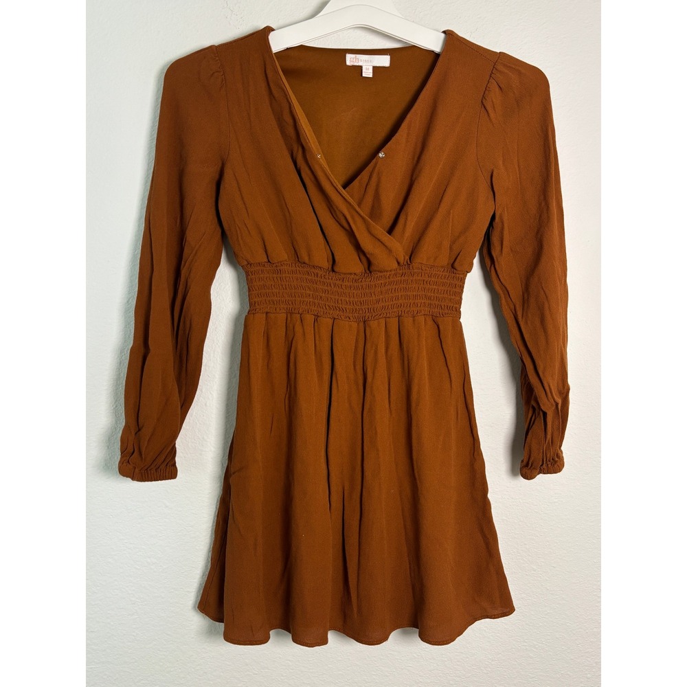 GH Bass Brown Long Sleeve Smocked Waist V-Neck Mini Dress Womens Size M